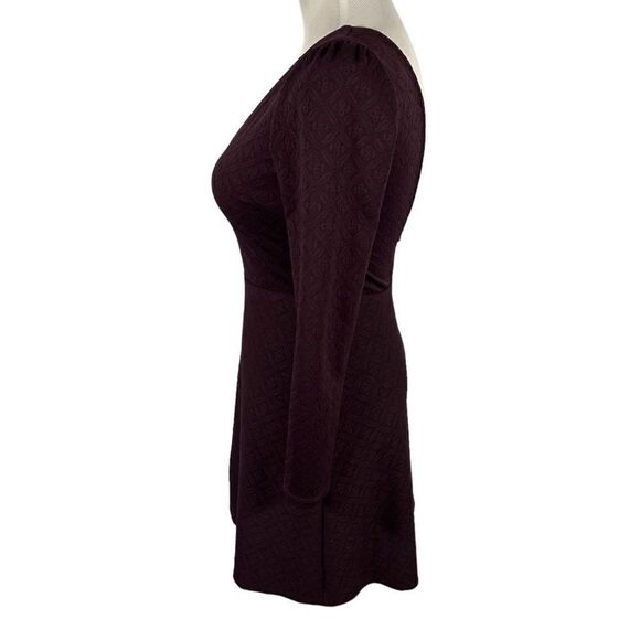 Cooperative Textured Plum Purple Long Sleeve Dress Deep V Neck A-Line Skater - Picture 4 of 9